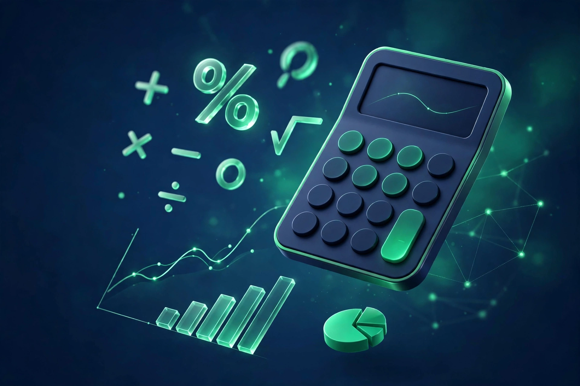 A calculator with glowing charts and maths symbols